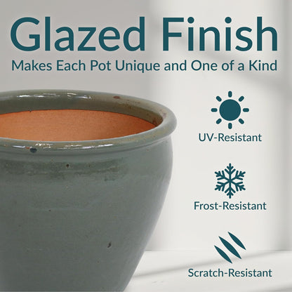 Sunnydaze Chalet Large Ceramic Plant Pot - Round Outdoor Glazed Ceramic Planter Pot with Drainage - Gray - 14.5"