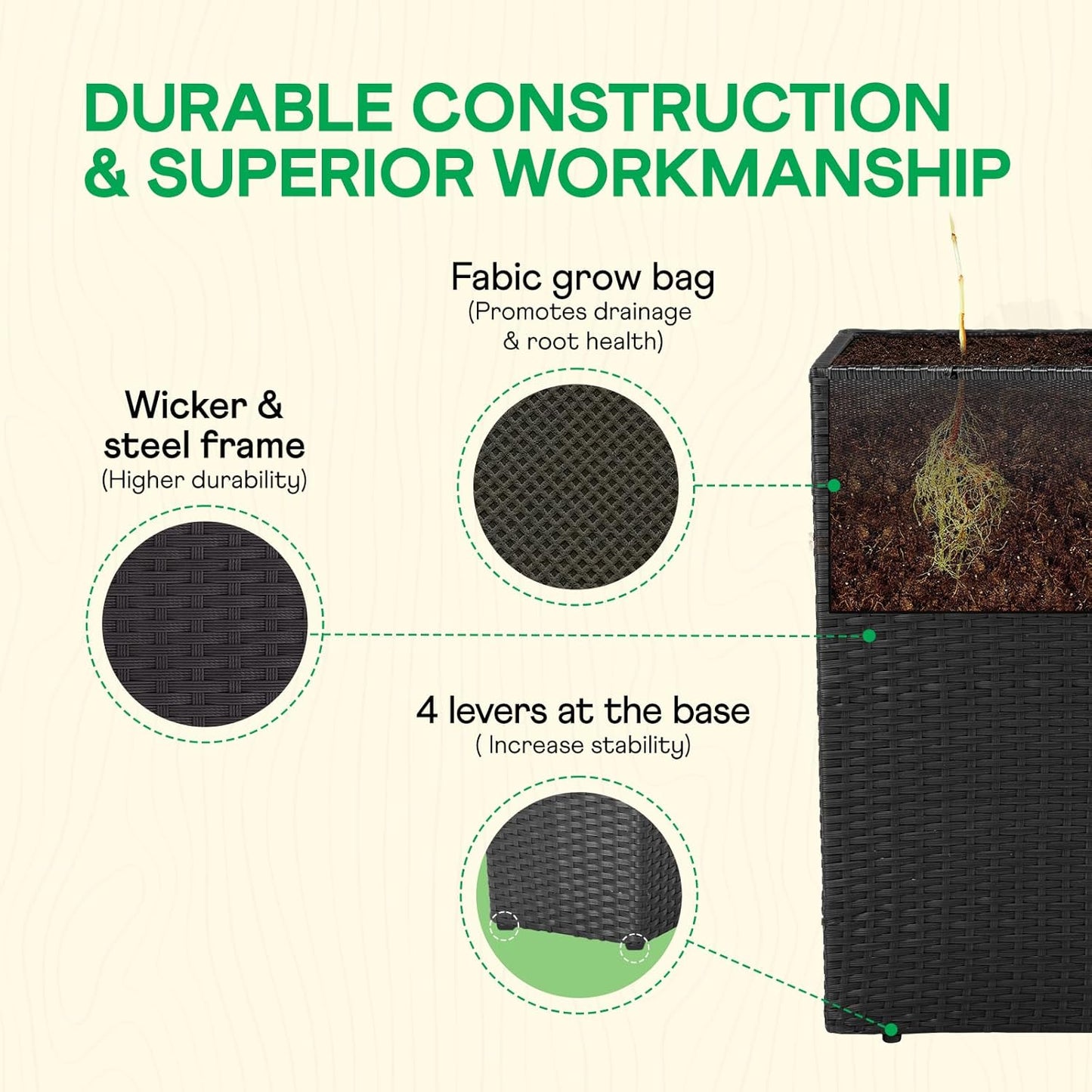 IDZO All Weather Wicker Planter Raised Garden Bed, 24 in Tall Round Rattan Flower Pots, Durable Self-Watering Indoor Outdoor Wicker Planters for Porch Patio Balcony