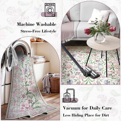 Wonnitar Purple Floral 8x10 Area Rugs, Washable Rug for Living Room, Soft Ultra-Thin Non-Shedding Large Indoor Boho Carpet for Bedroom Nursery Playroom Classroom Decor, Light Purple/Pink