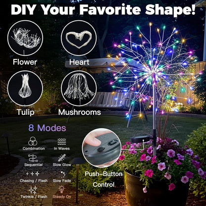 suddus Solar Garden Lights Outdoor Waterproof, Upgrade 2 Pack 150LED Solar Firework Lights, 8 Modes Starburst Fairy Light for Front Yard, Driveway, Bushes, Patio Christmas Decor (Multicolor)