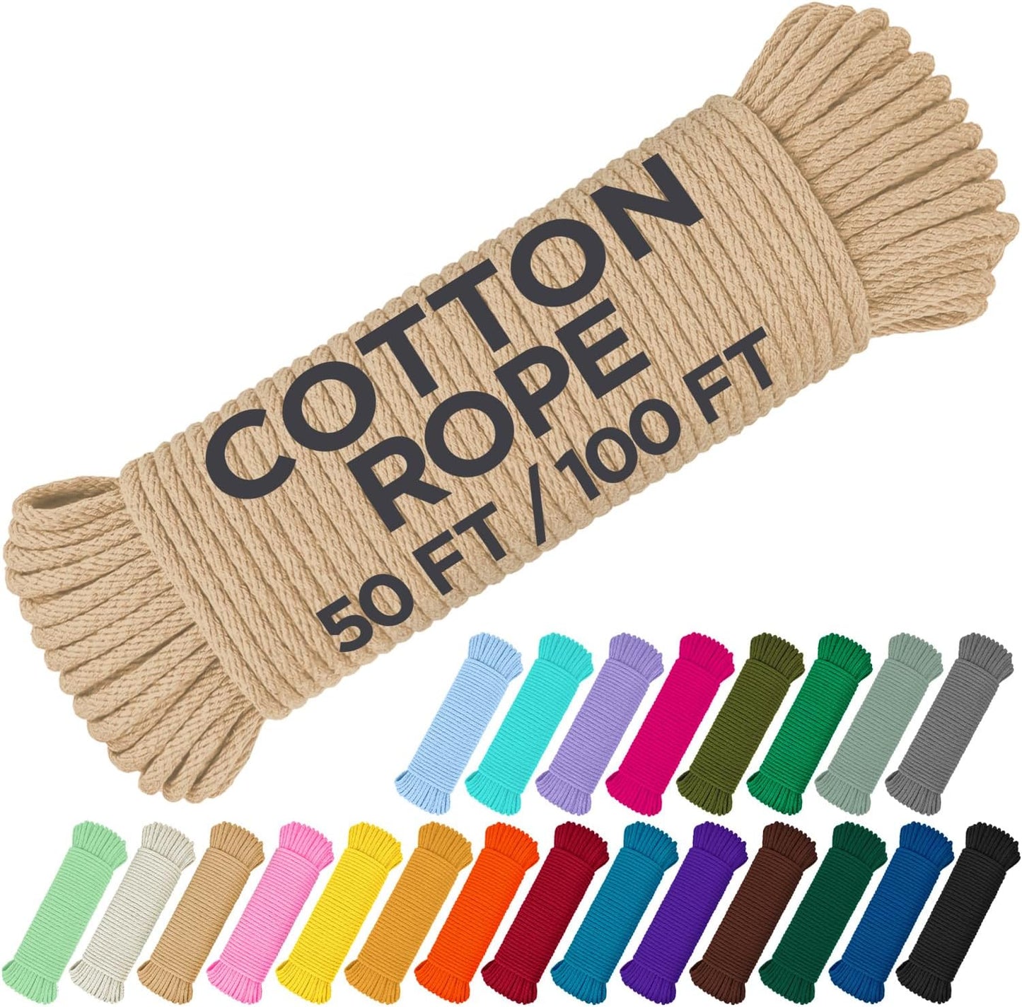 TECEUM Cotton Rope 3/16” (5 mm) – 100 FT – Strong All-Purpose Braided Rope – Natural Cotton – for Crafting, Сamping, Clothes Line, DIY, Indoor & Outdoor Use – Beige