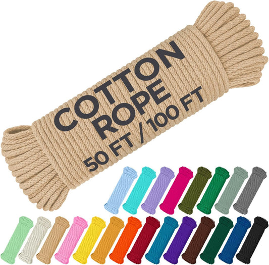 TECEUM Cotton Rope 3/16” (5 mm) – 100 FT – Strong All-Purpose Braided Rope – Natural Cotton – for Crafting, Сamping, Clothes Line, DIY, Indoor & Outdoor Use – Beige