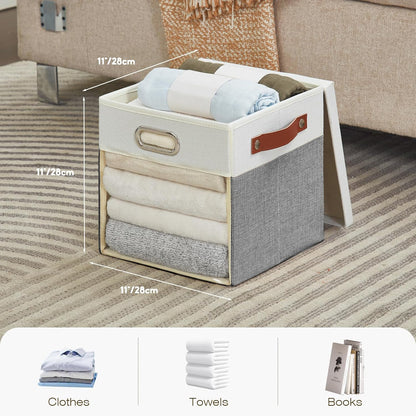 Fabric Storage Cubes with Clear Windows and Lids, 11'' Foldable Storage Bins with 3 Handles, Decorative Storage Boxes for Home, Bedroom, Closet, Office (Gray & White)
