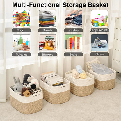 Storage Baskets for Organizing & Shelves, Woven Cotton Rope Organization Bins for Dog Toys, Clothes, Books, Nursery Organizer, 15" Lx11''Wx9.5''H, (4 Packs) Off White & Brown