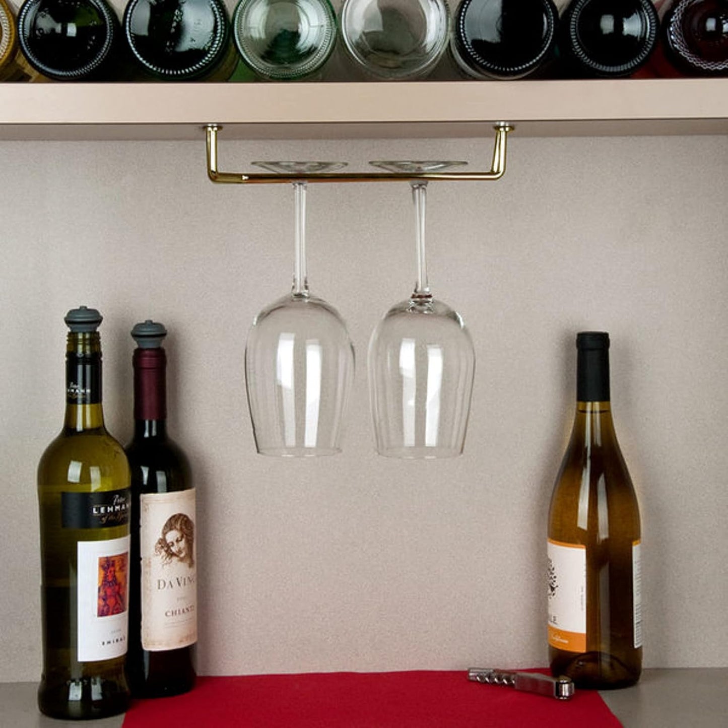 TrueCraftware- 10-Inch Wine Glass Rack Brass Finish Set of 2- Stemware Rack Wire Hanging Rack Under Cabinet Wine Glass Stemware Holder Glass Storage Hanger Organizer for Kitchen and Bar