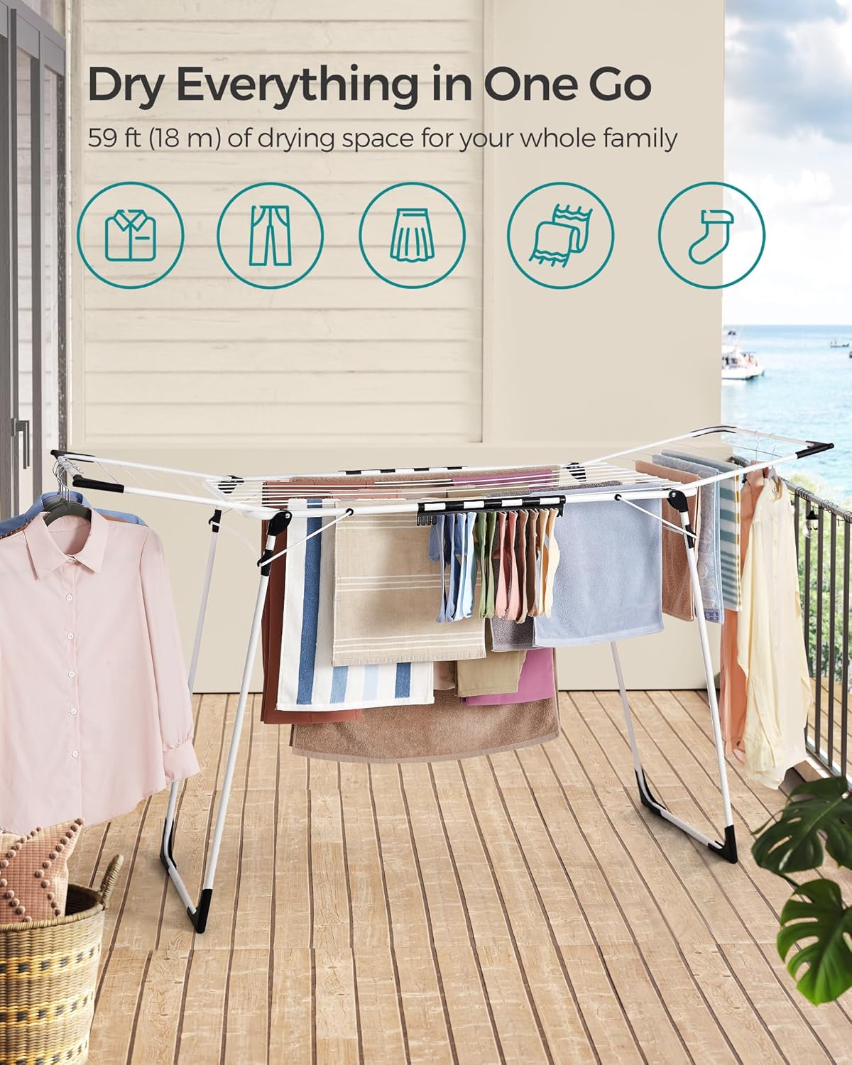 SONGMICS Clothes Drying Rack Foldable, Gullwing Laundry Drying Rack, Space-Saving, 22.2 x 68.1 x 38 Inches, Sock Clips, Metal Structure, for Clothes, Towels, Linens, Indoor, Outdoor White ULLR518W01
