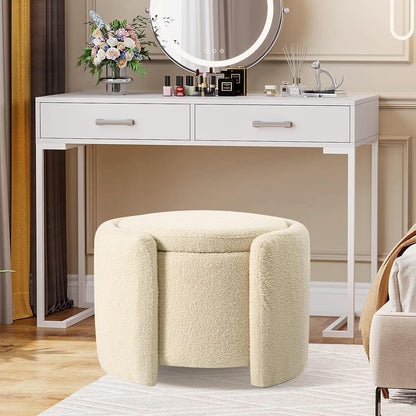 Furniliving Upholstered Button Tufted Round Ottoman, Ottoman with Storage, Teddy Footrest Stool, Removable Lid Convenient Footstools, Bedroom Ottomans with Storage for Vanity, Living Room, Beige