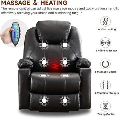 SALOHZA Power Lift Recliner Chair for Elderly with Massage and Heat for Living Room, Electric Recliner Chair for Adults with USB/Type C Port/Cup Holders, PU Faux Leather, Black