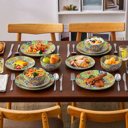 vancasso 12 Pieces Dinnerware Sets, Green Plates and Bowls Set, Porcelain Dishes Set for 4, Microwave and Dishwasher Safe, Scratch Resistant, Bohemian Style Dining Ware Service for 4, Series SIMI