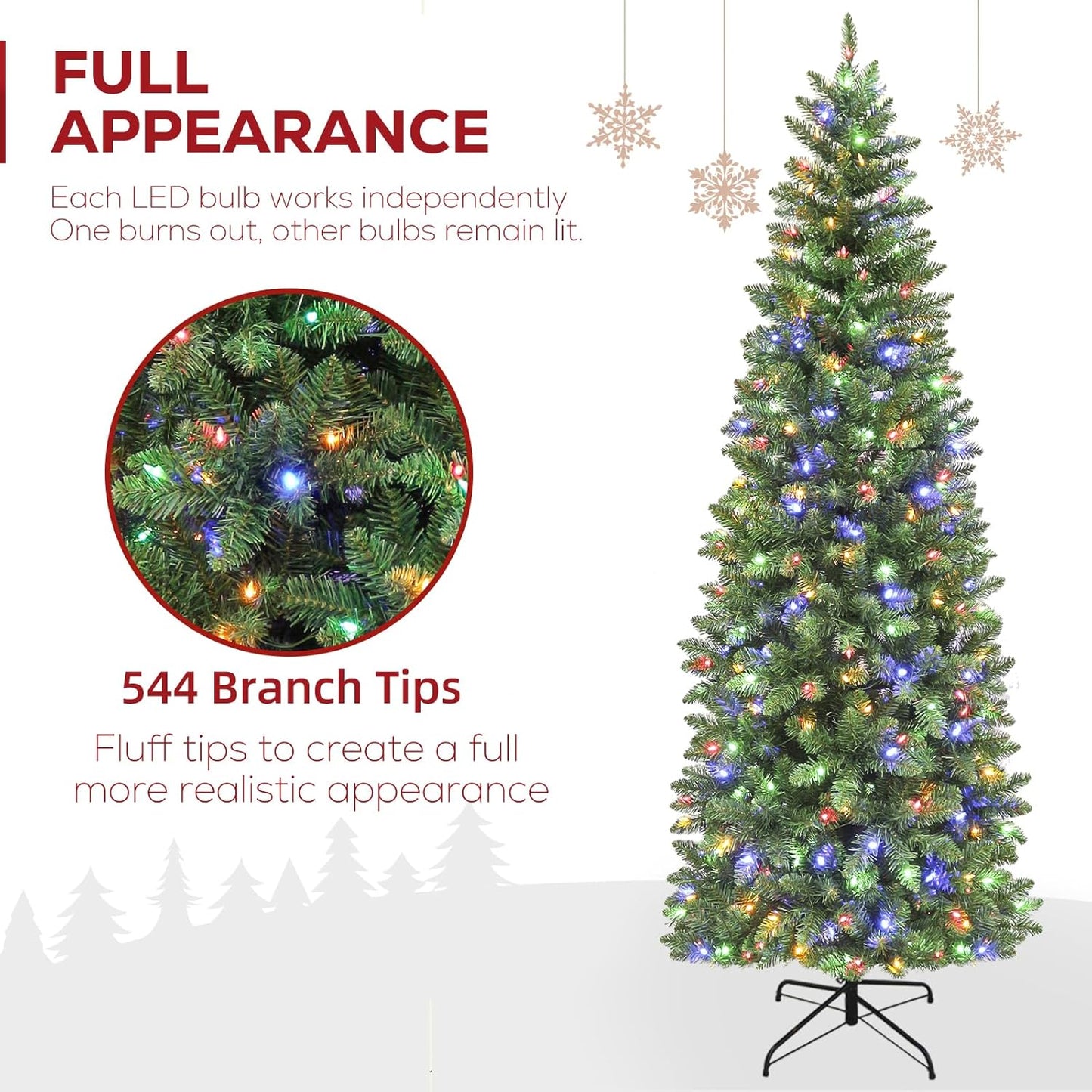 Hykolity 6ft Prelit Pencil Slim Christmas Tree with 200 Color Changing LED Lights, 544 Branch Tips, Metal Stand and Hinged Branches, 10 Color Modes