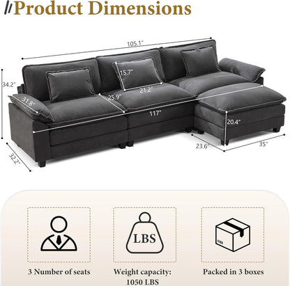 URRED Modular Sectional Sofa Comfy Cloud Couch, Modern Velvet Sofa Sleeper Deep Seat Couches with Ottoman/Pillows for Living Room (Dark Gray, 117''- L Shape)