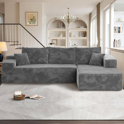106" Cloud Sectional Couches for Living Room,Plush Corduroy Boneless Couch with Comfy Chaise,L Shaped Sofa in A Box No Assembly Require,Grey