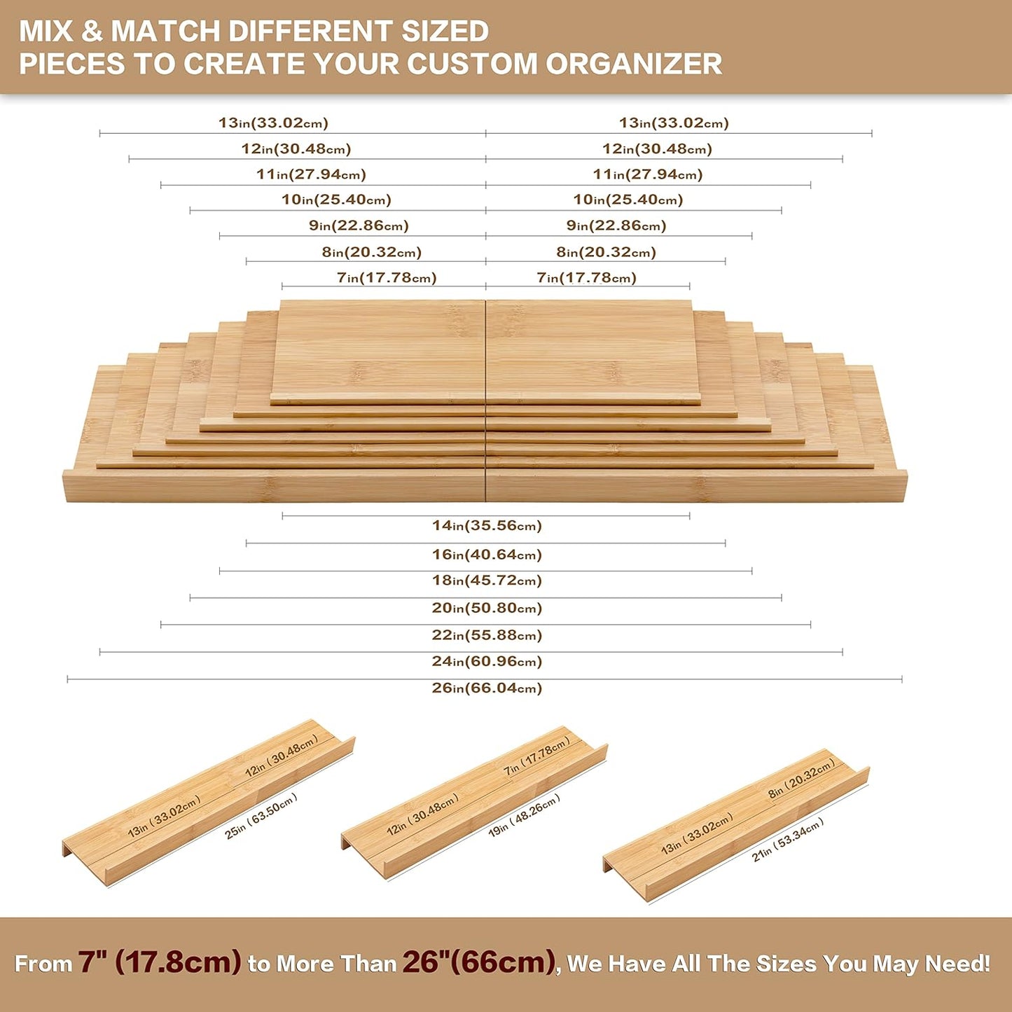 Bamboo Spice Rack Drawer Organizer - 8-Piece Set - 13" Wide Per Piece - Combine Into 26" Wide Rack