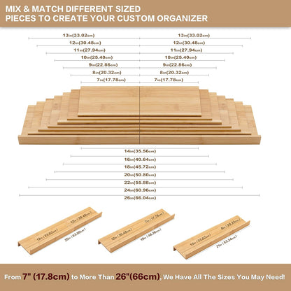 Bamboo Spice Rack Drawer Organizer - 8-Piece Set - 13" Wide Per Piece - Combine Into 26" Wide Rack