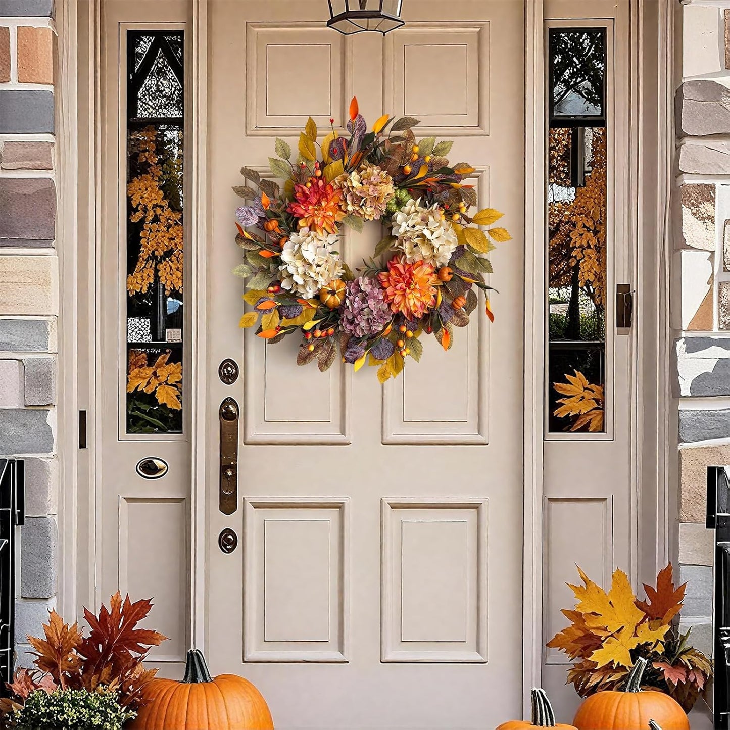 24Inch Fall Wreaths for Front Door,Fall Wreath with Beige Hydrangea,Orange Dahlia Artificial Flowers,Pumpkins,Autumn Wreaths for Harvest Thanksgiving Halloween Indoor Outdoor Home Decor