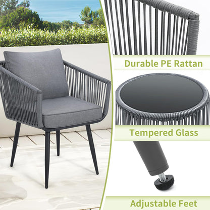 Kromax 3 Pieces Patio Rattan Bistro Conversation Set, Outdoor All-Weather Wicker Furniture Chairs and Side Table Set Ideal for Balcony, Porch and Backyard, Grey