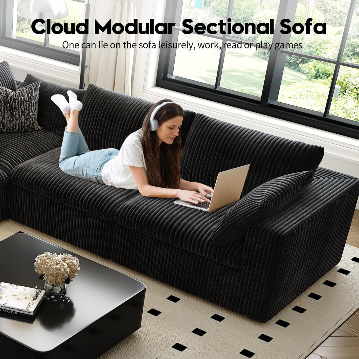 LoveSeat Cloud Couch Modular Sectional Sofa for Living Room,Modern Sofa with Deep Seat，2 Seater Boneless Couch,Comfy Upholstered Corduroy Couches for Apartment, Studio, Office,Bedroom，Black