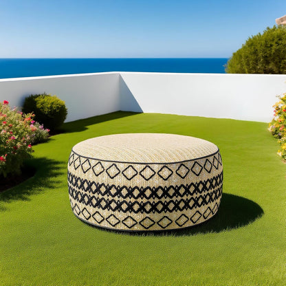 Outdoor Inflatable Ottoman with Air Pump, Embroidery Patio Footrest Stool D21”x H9”, Round Pouf Ottoman with Portable Handle Suitable for Garden, Camping, Bedroom, Living Room