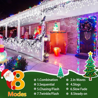 KNONEW 33FT 400 LED Christmas Lights Outdoor Black Wire String Lights with 75 Drops, 8 Lighting Modes, Timer Memory Function Connectable Hanging Curtain Lights for Halloween Party Decor (Cool White)