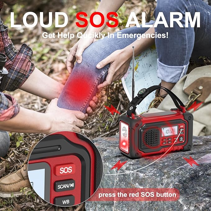 Emergency Weather Radio, AM/FM/SW/NOAA Hand Crank Radio with 10000mAH/37000mWh Portable Large Capacity, USB/Solar/Hand Crank Charging, AAA Battery Operated, SOS Alarm & Flashlight
