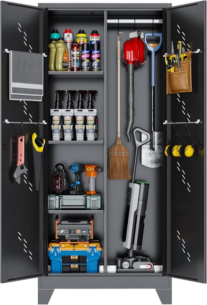 Metal Garage Storage Cabinet with Locking Doors, 71" Tall Broom Closet Storage Cabinet, Heavy Duty Garage Organization Cabinets, Steel Cabinet with Hanging Rod, Assembly Required