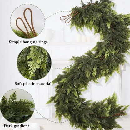 6 Ft Artificial Cedar Garlands – Real Touch Winter Greenery, Realistic Artificial Cedar Tree Christmas Pine Garland Decorations for Table Mantle Wall Indoor Fireplace Holiday Party (9ft, 1)