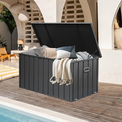 Domi 120 Gallon Deck Box, Outdoor Metal Lockable Storage Cabinet, Waterproof Steel Outdoor Bench with Lockable Lid, Side Handles & Rolling Casters for Outside Cushions, Pillows, Garden Tools, Grey