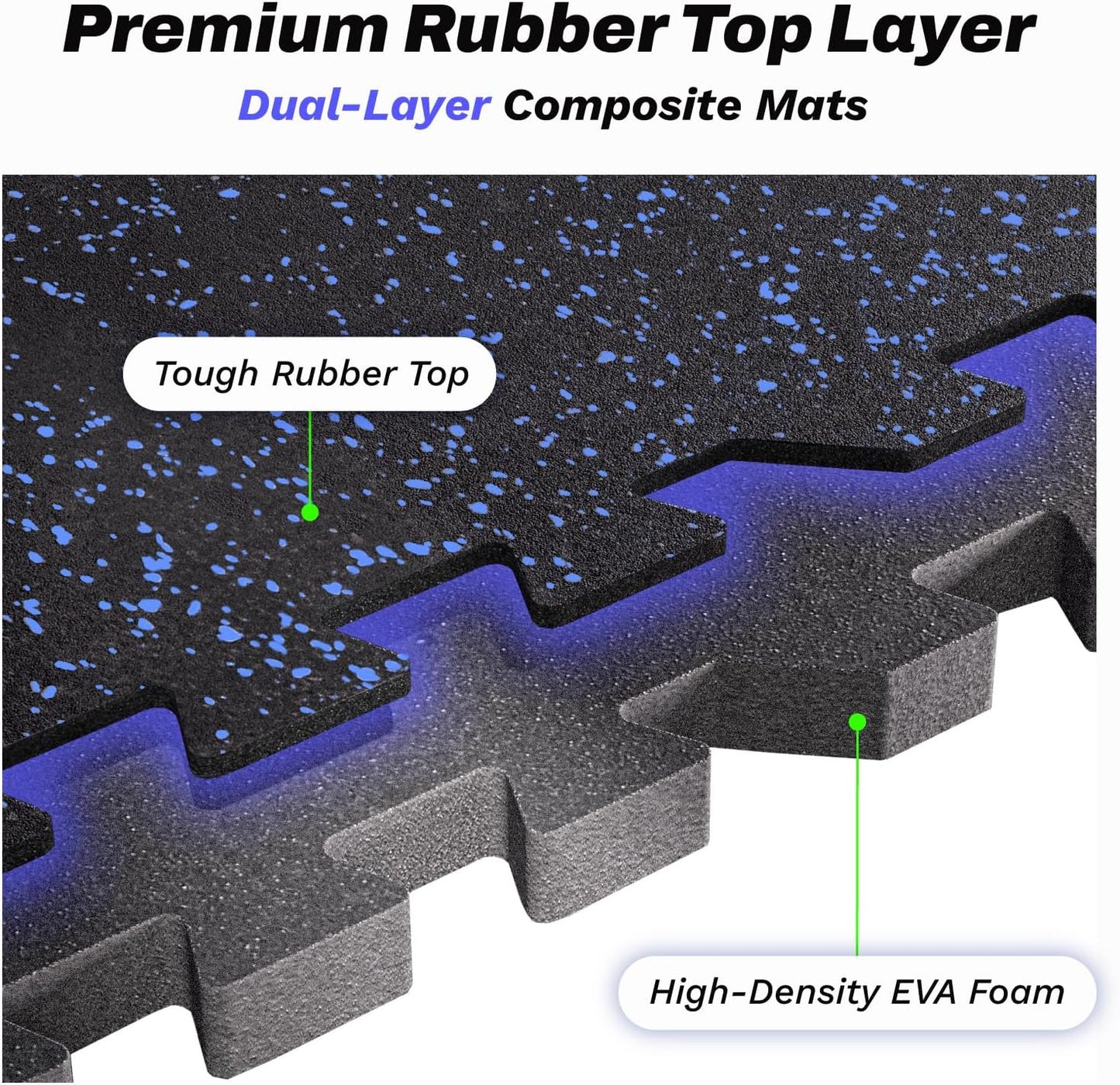AIRHOP 0.56in Thick 96 Sq Ft Exercise Equipment Mats, 24Tiles Upgraded Rubber Top with High Density EVA Foam, Large Interlocking Puzzle Gym Flooring for Home Gym, Heavy Weight Workout, Black & Blue