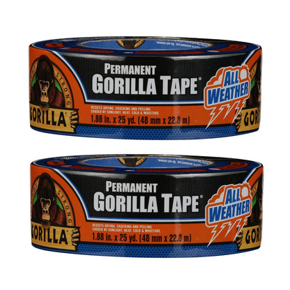Gorilla All Weather Duct Tape, Black, 1.88" x 25 yd (Pack of 2) - UV and Temperature Resistant Waterproof Tape for Outdoor Repairs