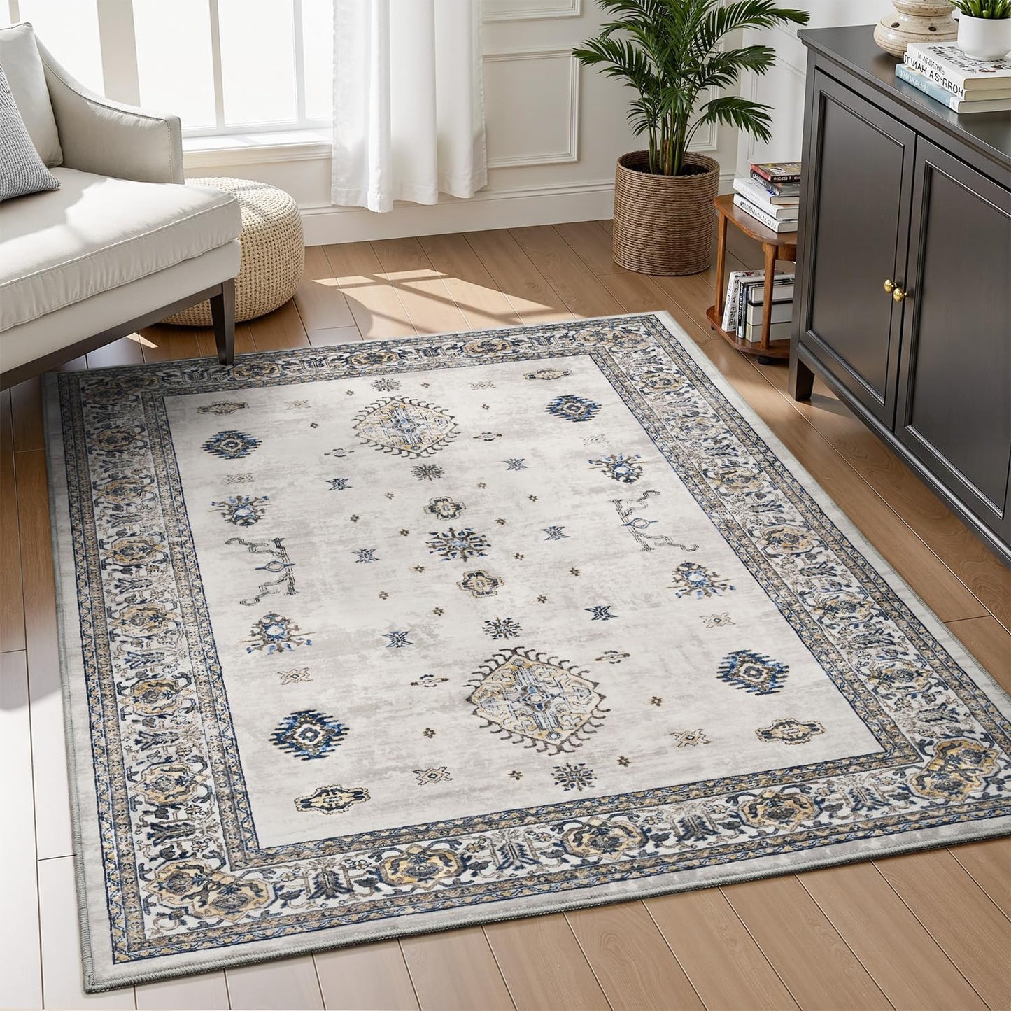 AMOAMI-Vintage Area Rug 4x6 Grey Rugs for Living Room-Soft Living Room Rug Non Slip Rugs for Bedroom Carpet Machine Washable Rug for Dining Room Bedside Office Room Decor