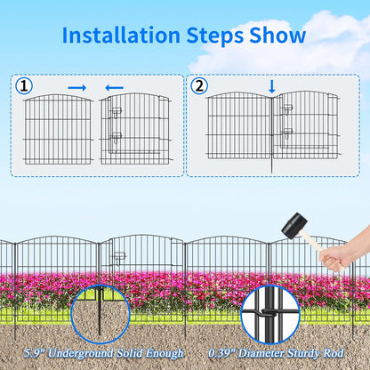 INJOPEXI Decorative Garden Fence 6 Panels 11.8ft (L)×24in (H) with 5 Panels 1 Gate Rustproof Wire No Dig Animal Barrier Fencing for Outdoor Backyard Black
