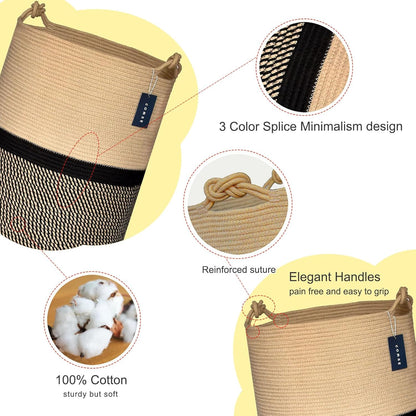COMSE Extra Large Blanket Basket, Tall Woven Storage Basket, Nursery Hamper, 15.7”x 21.7”, Cotton Rope Laundry Hamper for Toys Clothes Towels, Blend Brown/Black