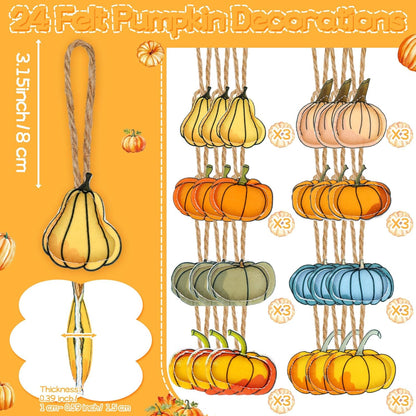 24 Pcs Fall Tree Ornaments Thanksgiving Tree Decoration 3D Felt Maple Leaf Pumpkin Hanging Ornaments for Farmhouse Harvest Autumn Fall Decorations(Pumpkin)