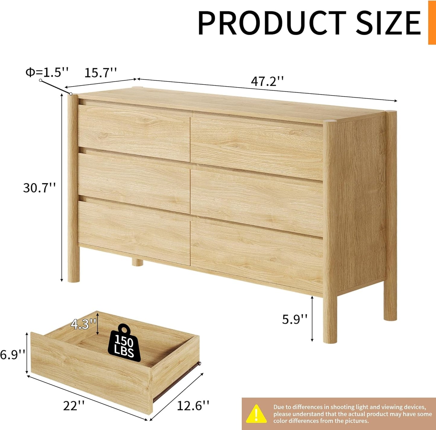 Dresser for Bedroom with 6 Drawers,47" Wide Oak Dresser with 4 Solid Wood Legs, Wooden TV Stand,Closet Clothes Organizer for Bedroom, Hallway