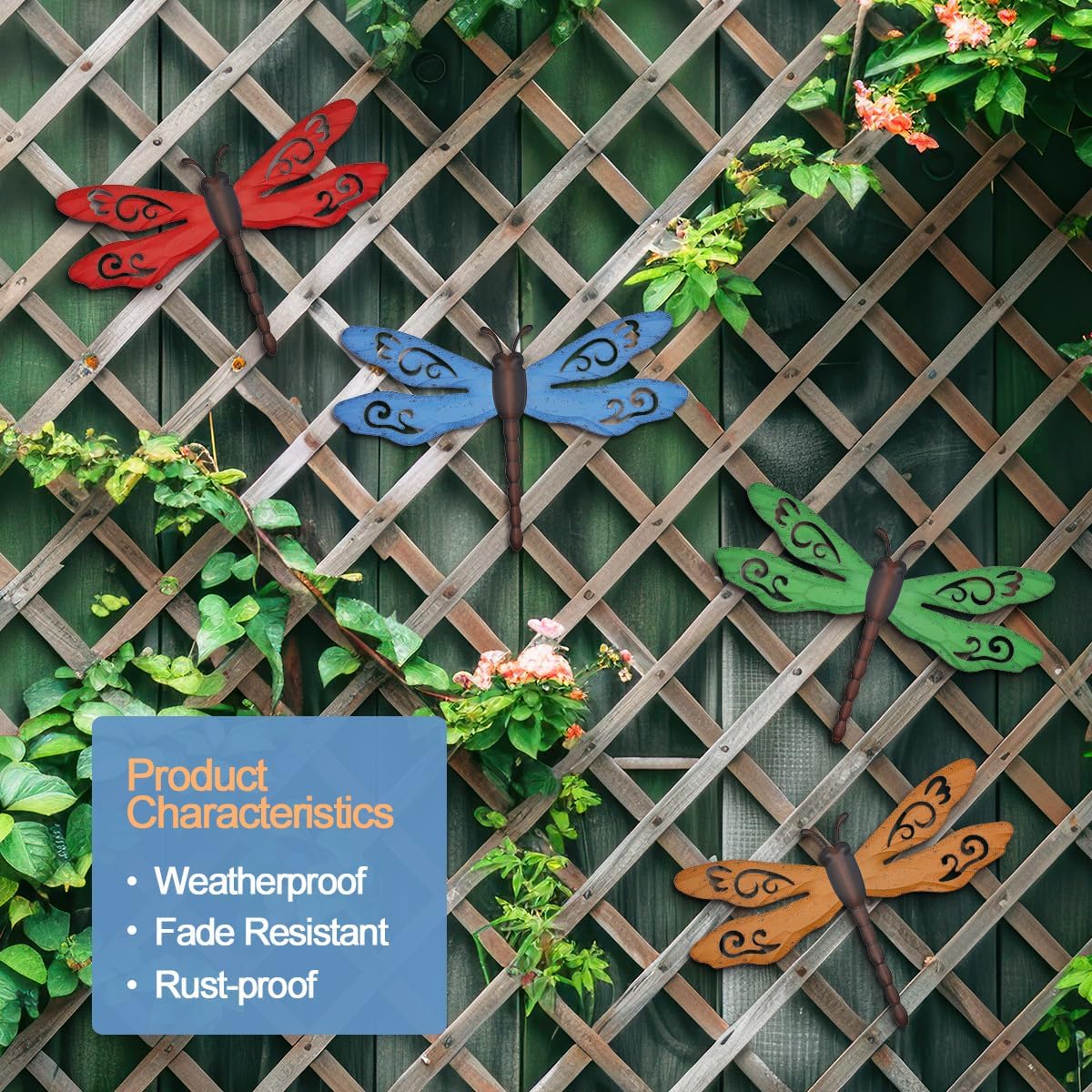Metal Dragonfly Wall Decor, 4 Pack 14inch Retro Metal Dragonfly Wall Hanging Sculpture Decor for Outdoor, Yard Patio Fence Garden Outside Decorations