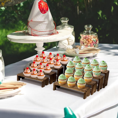 Large Display Wood Risers Wooden Stand 8 Tier Wood Racks Decorative Rectangular, 2 Set 8 Pieces Cupcake Stands Cologne Perfume Organizer Showcase Items(Brown)