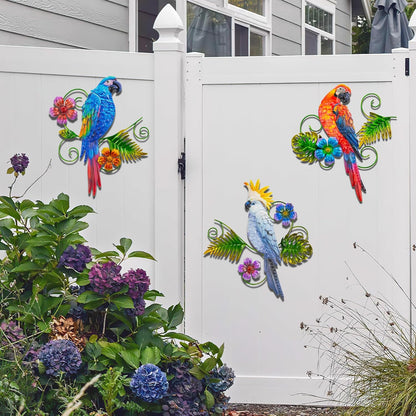 J-Fly Metal Parrots Wall Decor Outdoor Decorations for Yard Garden Decor, Metal Wall Art Decor, Patio Decorations Outdoor Bird Wall Decor-12 Inches Parrot Large Hanging Wall Decor 3 Pack