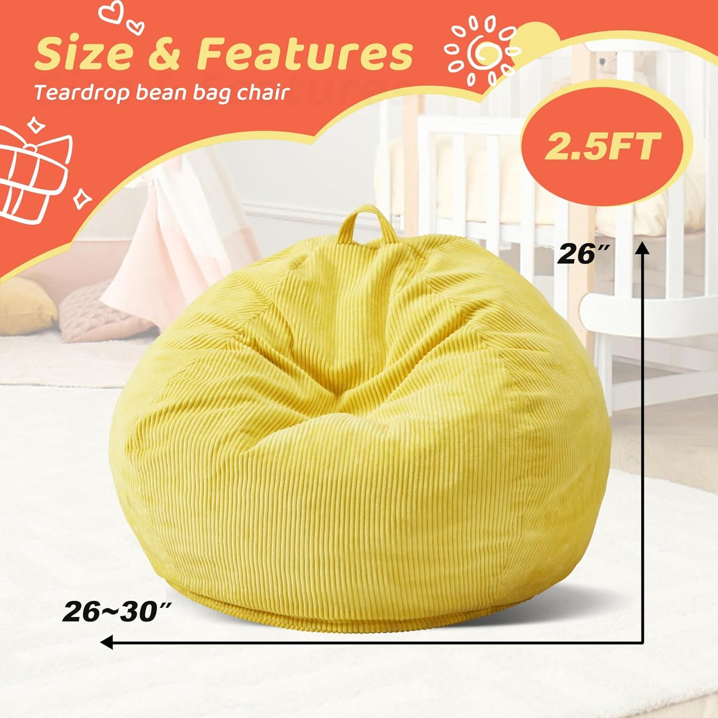 Bean Bag Chairs Teardrop Bean Bag Chair Beanbag Chair with Memory Foam Filled Machine Washable Cover for Living Room, Bedroom (Small,Yellow)