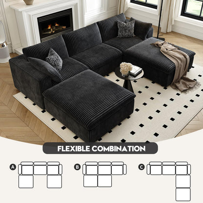 118" Cloud Couch Modular Sectional Sofa for Living Room,Modern Sofa with Deep Seat，U-Shape Boneless Couch with 2 Ottoman,Comfy Upholstered Corduroy Couches for Apartment, Studio, Office,Bedroom，Black
