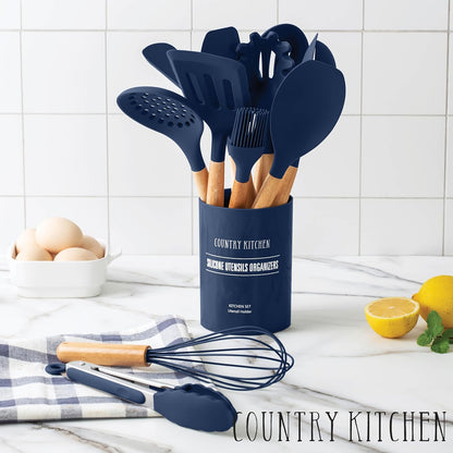 Country Kitchen Non Stick Silicone Utensil Set with Rounded Wood Handles for Cooking and Baking, 14 Piece Set, Navy