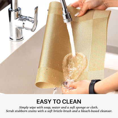 LEXMORE Placemats Set of 4 Vinyl/Plastic Woven Place Mats for Kitchen Table Indoor/Outdoor Washable Placemat Wipeable Dining Table Mats(Gold Cube)