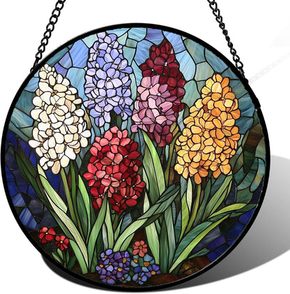 Stained Glass Window Hanging, Colorful Hyacinth Flowers Suncatcher for Doors Window Home Plant Sun Catchers Decoration Mother's Day Birthday Gifts for Women, Men, and Mom 15x15 in