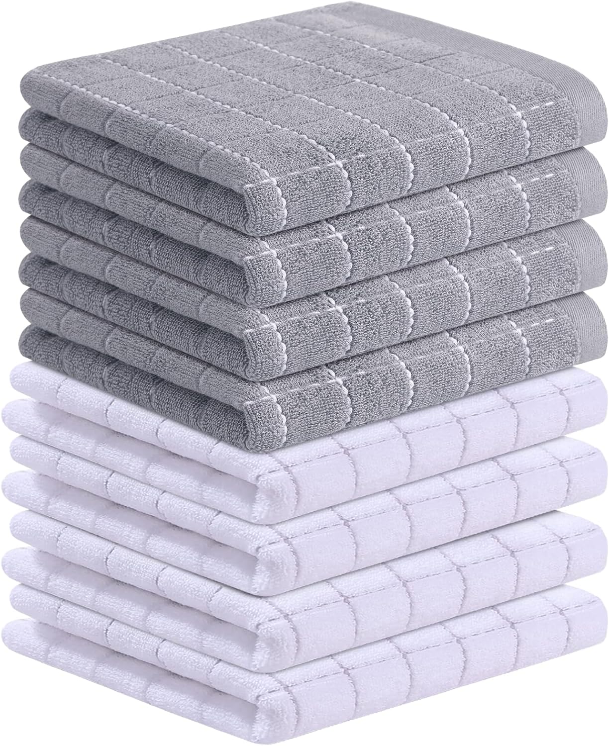 Homaxy 100% Cotton Terry Kitchen Towels(White and Light Grey, 13 x 28 Inches), Checkered Designed, Soft and Super Absorbent Dish Towels, 8 Pack