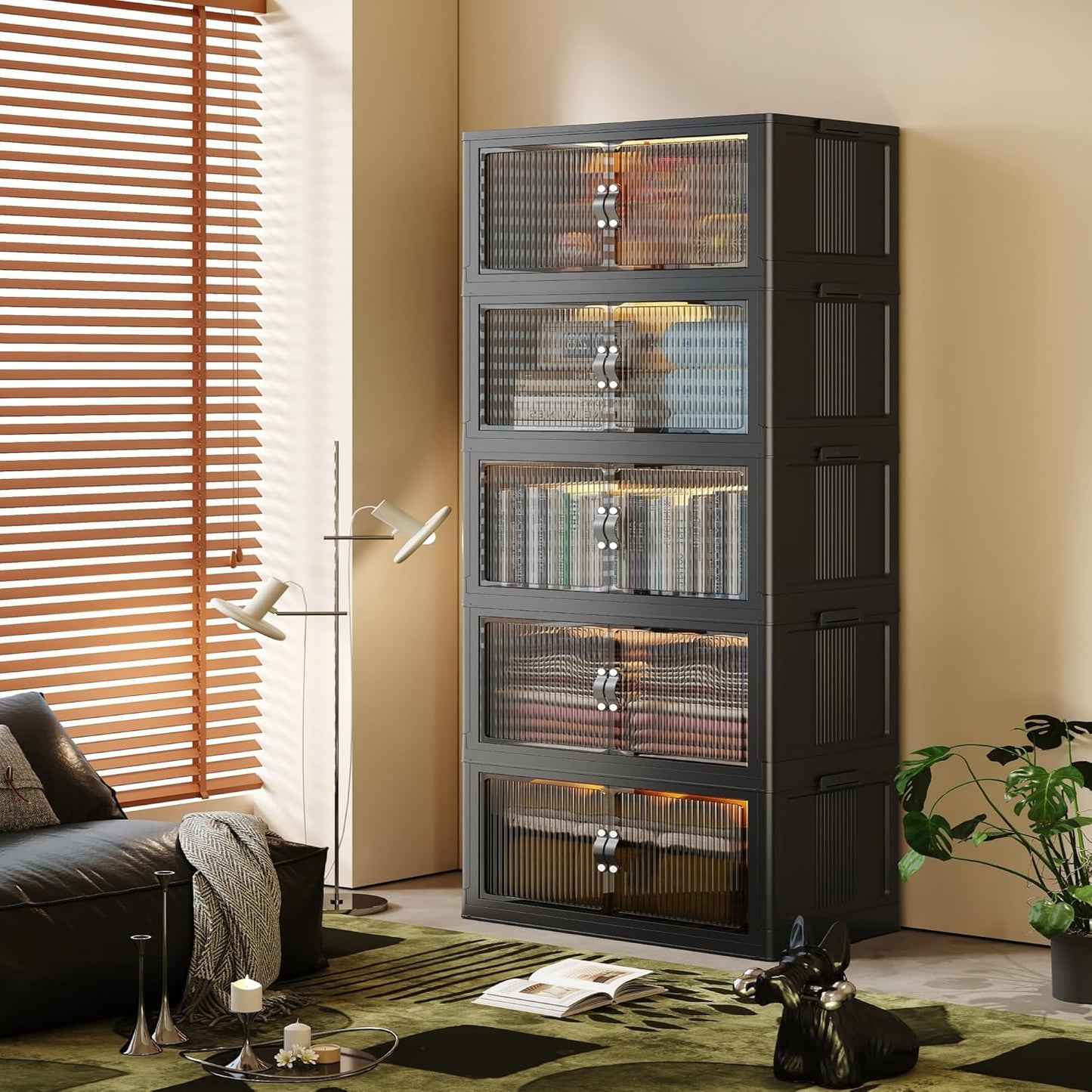 SAILUN 136Gal/543Qt Stackable Storage Bins Folding Collapsible Storage Bins with Lid, Closet Organizers and Storage, Storage Box with Door Black 26" W x 17" D x 71" H