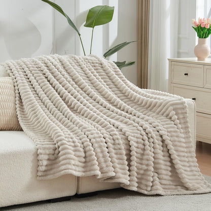 NEWCOSPLAY Super Soft Throw Blanket Linen Premium Silky Flannel Fleece 3D Ribbed Jacquard Lightweight Bed Blanket All Season Use (Linen Ribbed, Throw(50"x60"))
