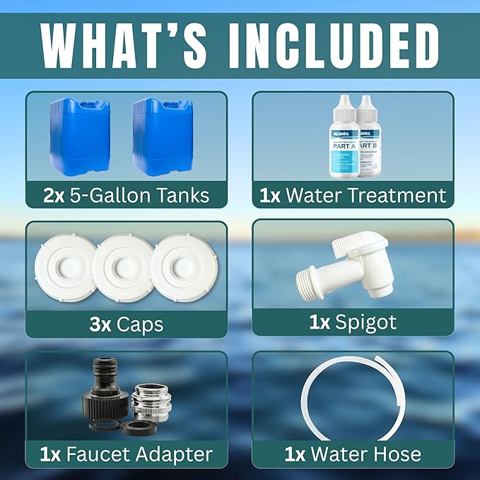5-Gallon Stackable Water Tanks for Long-Term Emergency Storage | Complete Water Storage Kit for Survival with Lids, Spigot, Water Treatment, Hose & Faucet Attachment (2 Tanks (10 Gallons))
