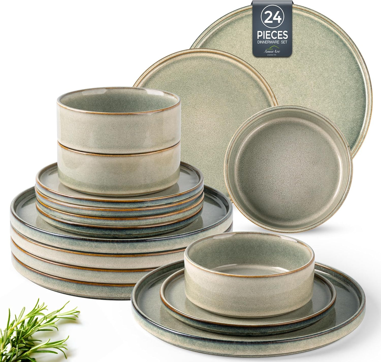 AmorArc Ceramic Dinnerware Sets, Handmade Reactive Glaze Stoneware Plates and Bowls Sets,Highly Chip and Crack Resistant | Dishwasher & Microwave Safe Dishes Set, Service for 8 (24pc)