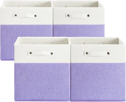 13 x 13 Inch Fine Linen Storage Bins with Handles，Fabric Cube Boxs，Collapsible Basket Organizers for Shelves for Home, Closet Drawers (White/Purple-4 Pack)