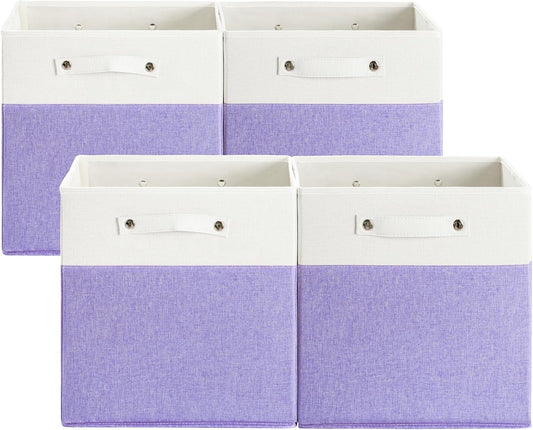 13 x 13 Inch Fine Linen Storage Bins with Handles，Fabric Cube Boxs，Collapsible Basket Organizers for Shelves for Home, Closet Drawers (White/Purple-4 Pack)
