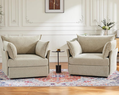 Oversized Accent Chair, Upholstered Modern Sofa Chair with Removable Backrest & Detachable Cover, 24.5" Deep Seat Large Reading Armchair for Living Room Bedroom Office - Chenille Beige Set of 2